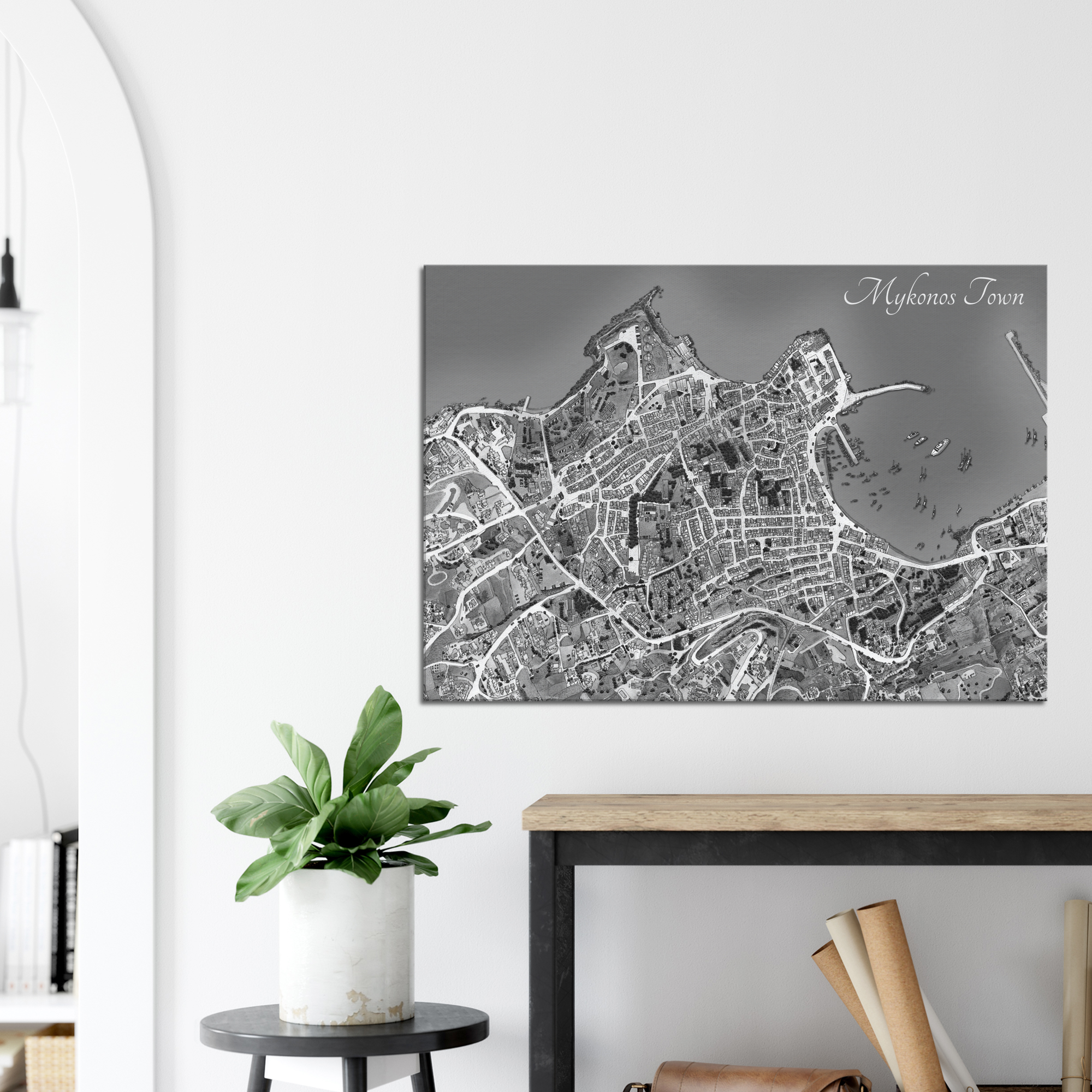 Mykonos Town, Greece – Black & White Canvas Print - Framed