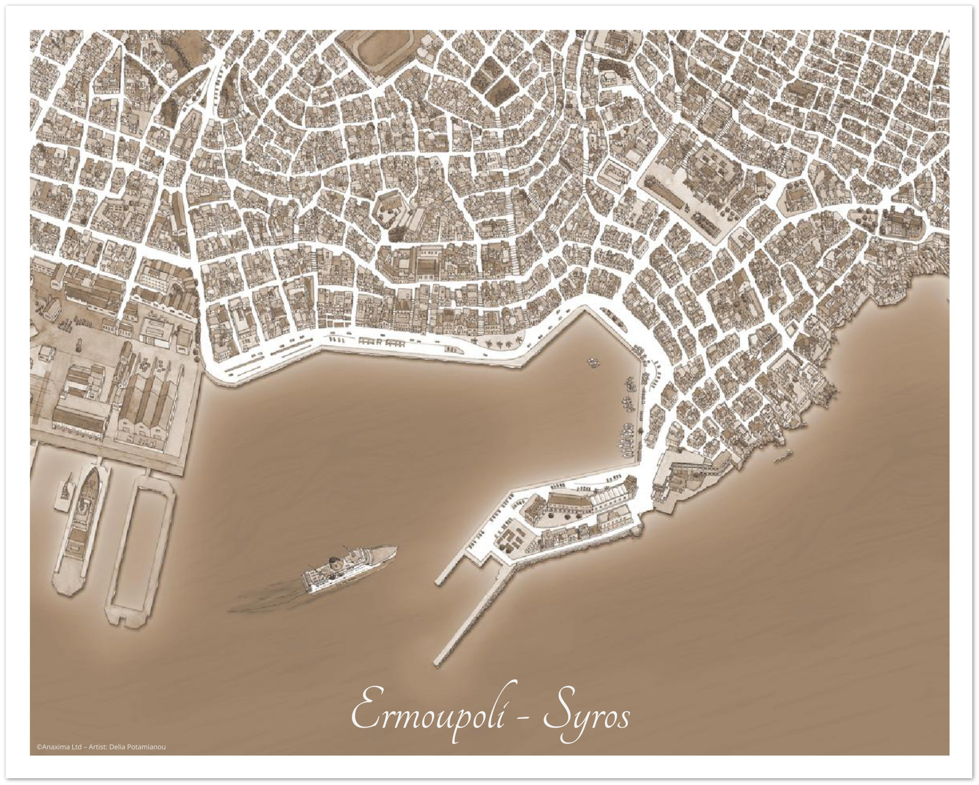 Ermoupoli, Syros, Greece - Sepia - Premium Semi-Glossy Paper Poster
