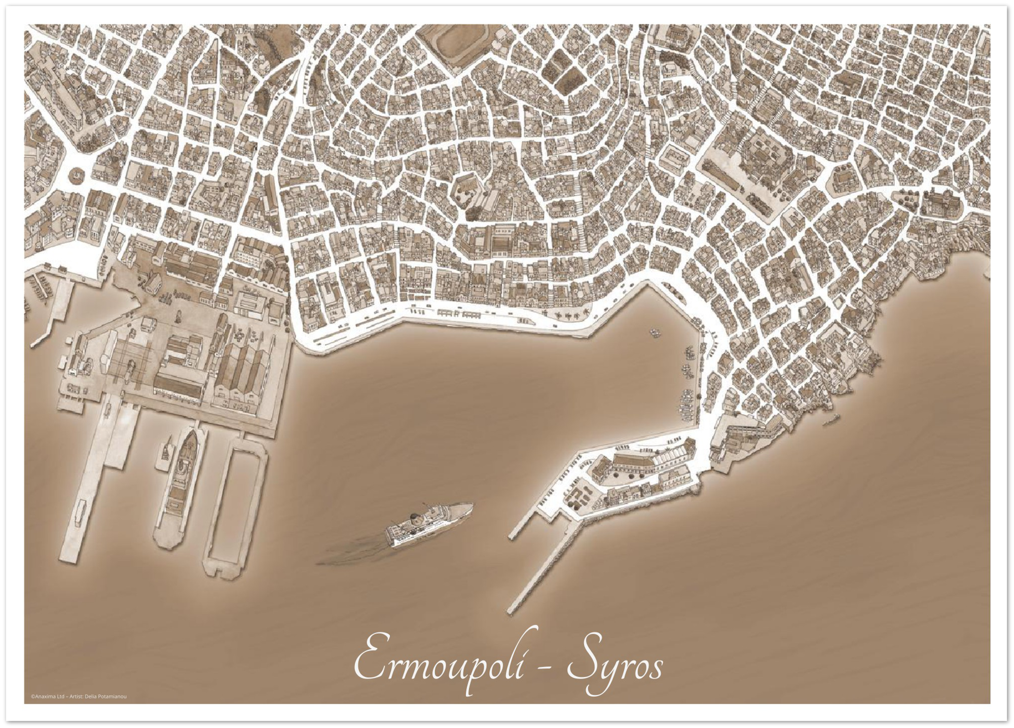 Ermoupoli, Syros, Greece - Sepia - Premium Semi-Glossy Paper Poster