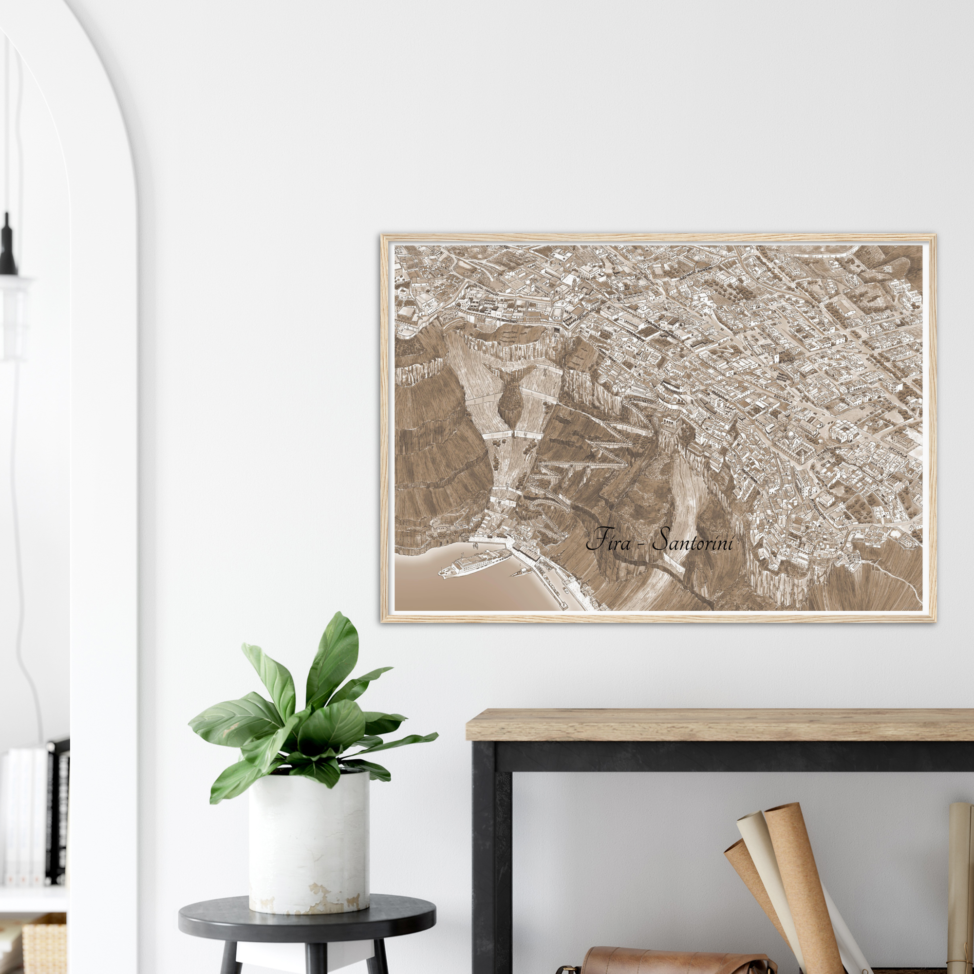 Fira, Santorini, Greece – Sepia Print – Wooden Framed Poster