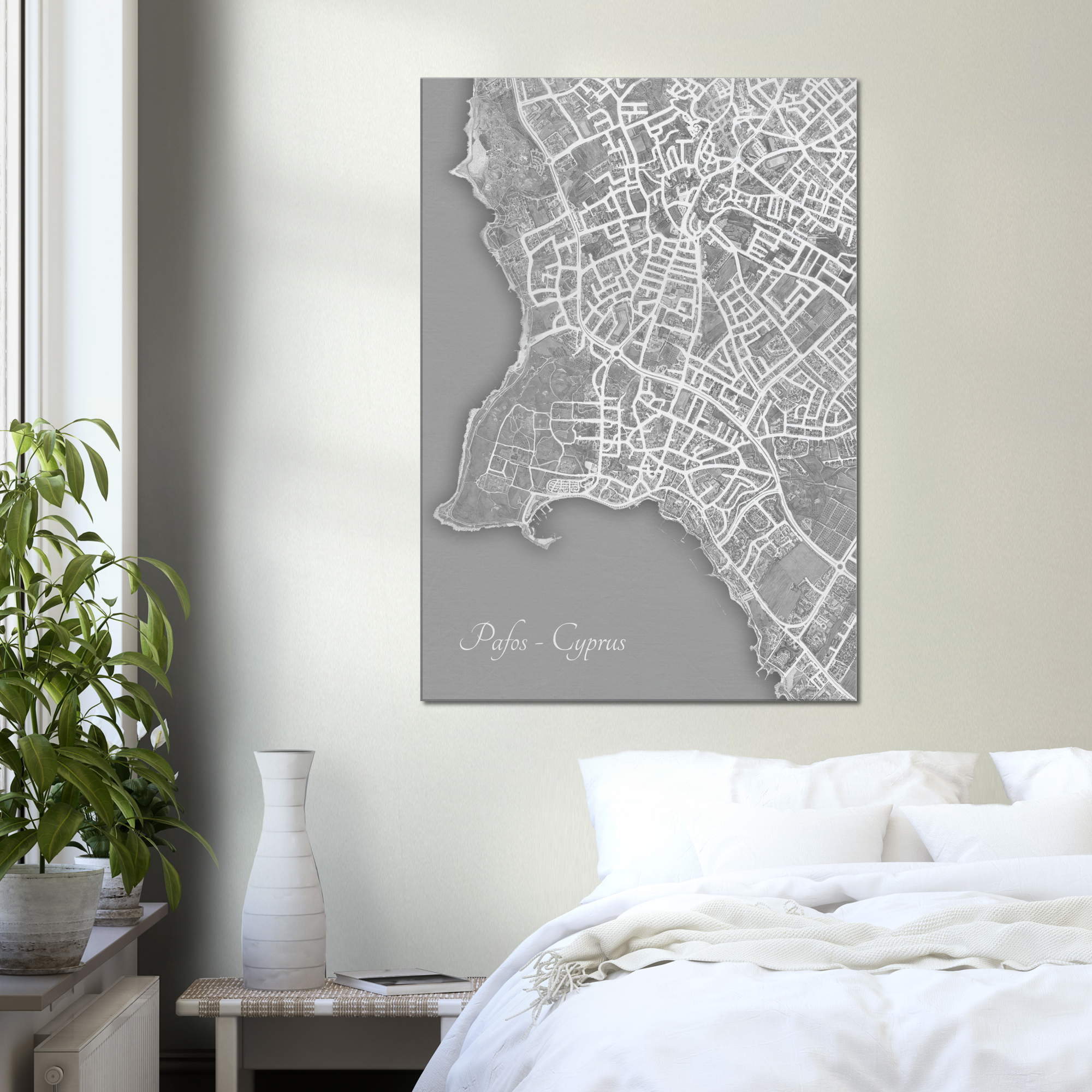Pafos Town, Cyprus - Black & White Canvas Print - Framed