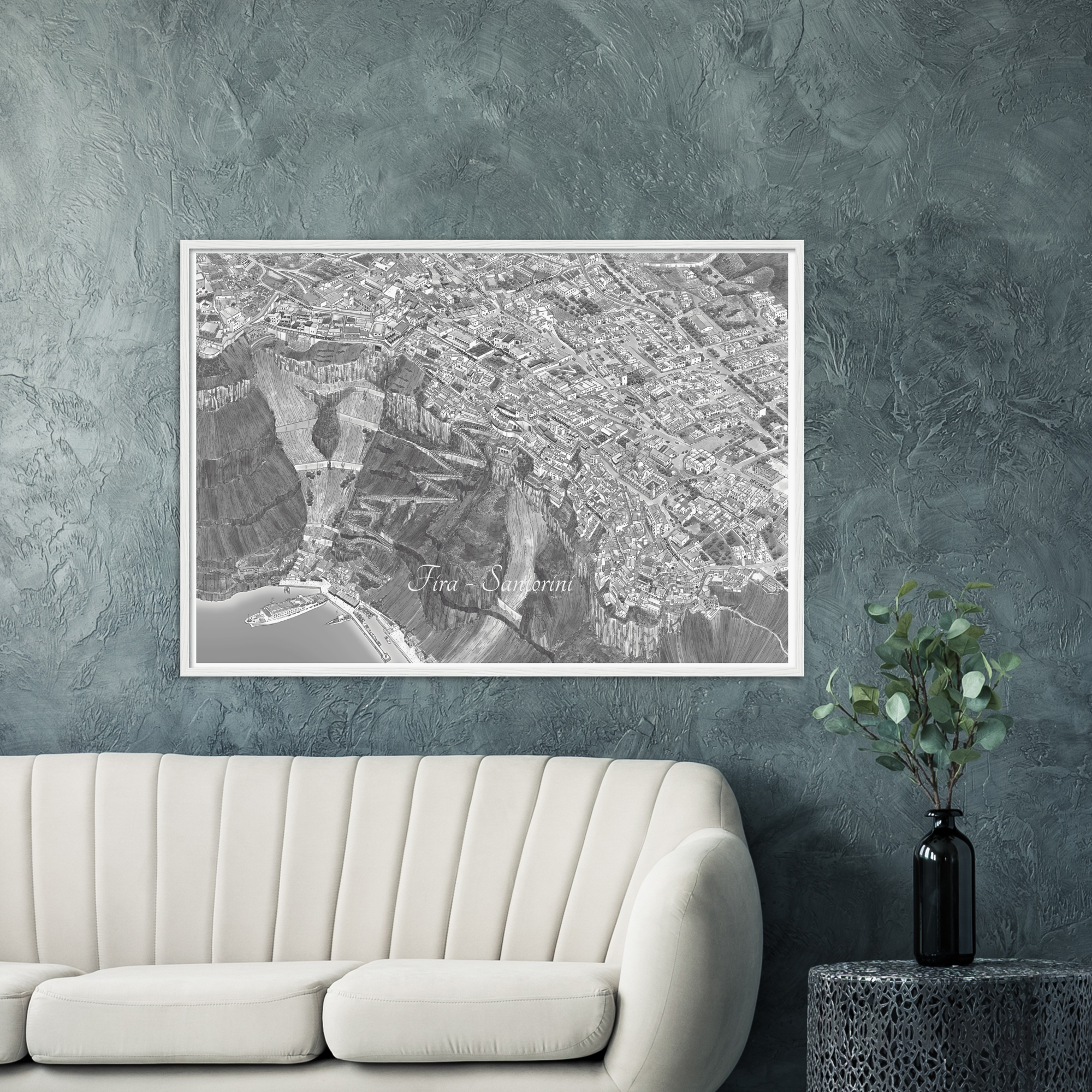 Fira Santorini Black and White Wooden Framed Illustrated Wall Art Map