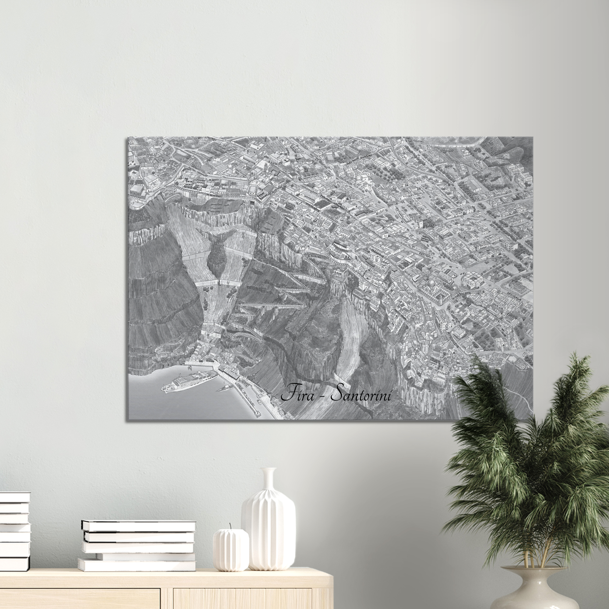 Fira, Santorini, Greece – Black & White Canvas Print - Framed
