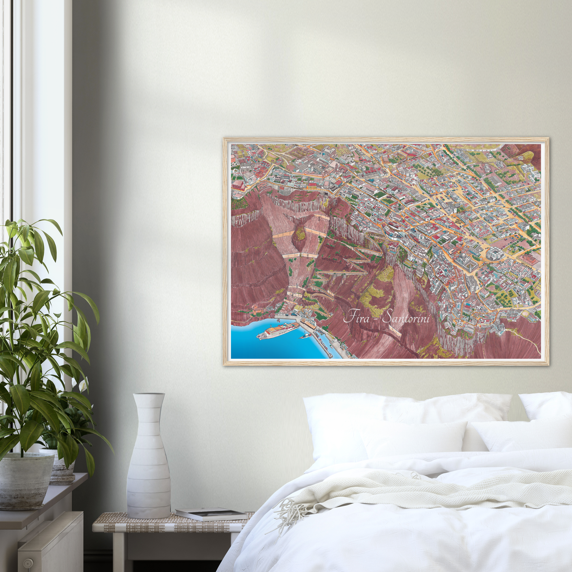Fira Santorini Color Wooden Framed Illustrated Map