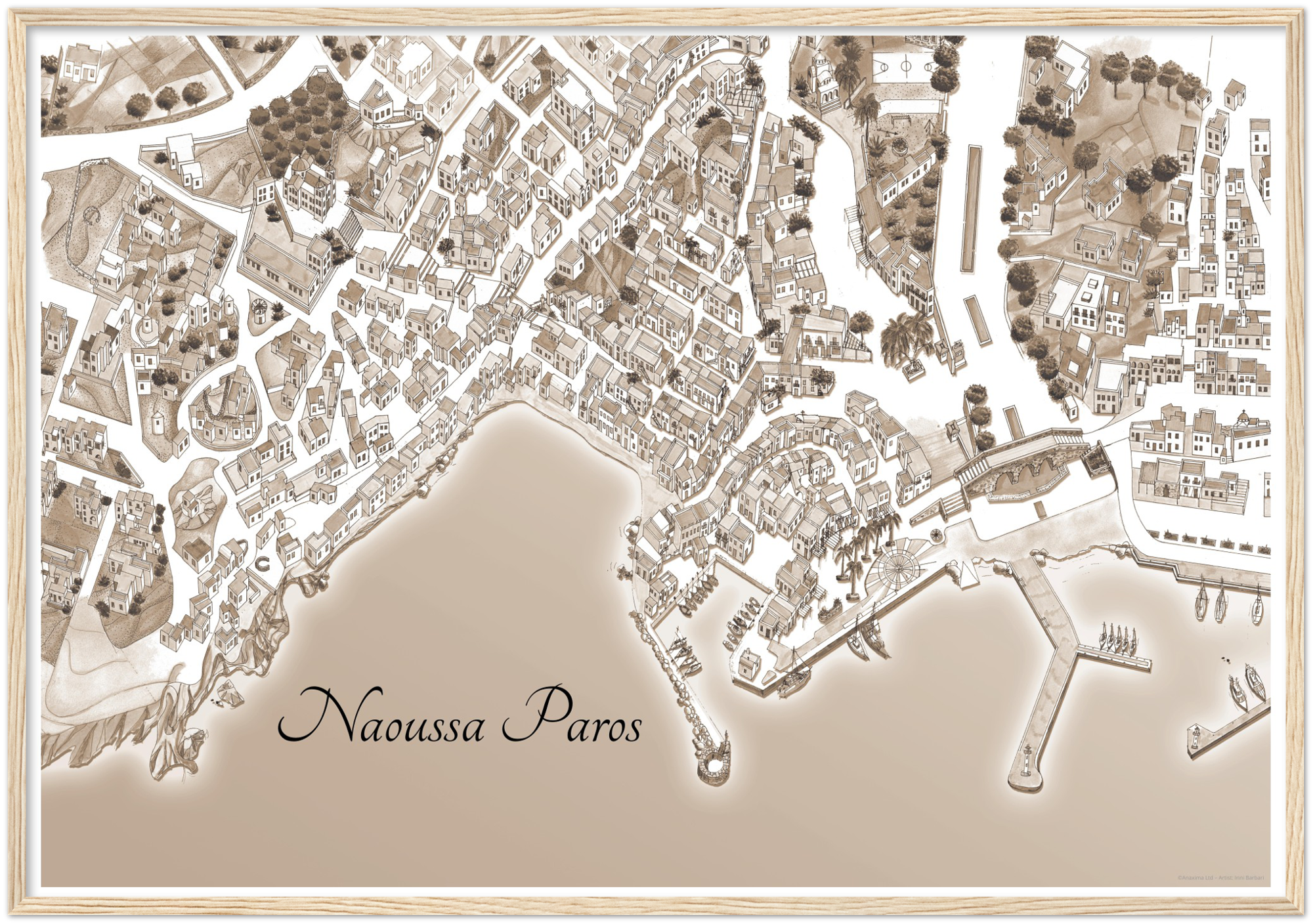 Naoussa, Paros, Greece  – Sepia Print – Wooden Framed Poster